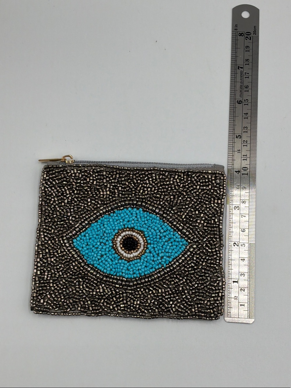 Hand-Beaded Evil Eye Pouch - Turquoise/Grey - Picture 3 of 3